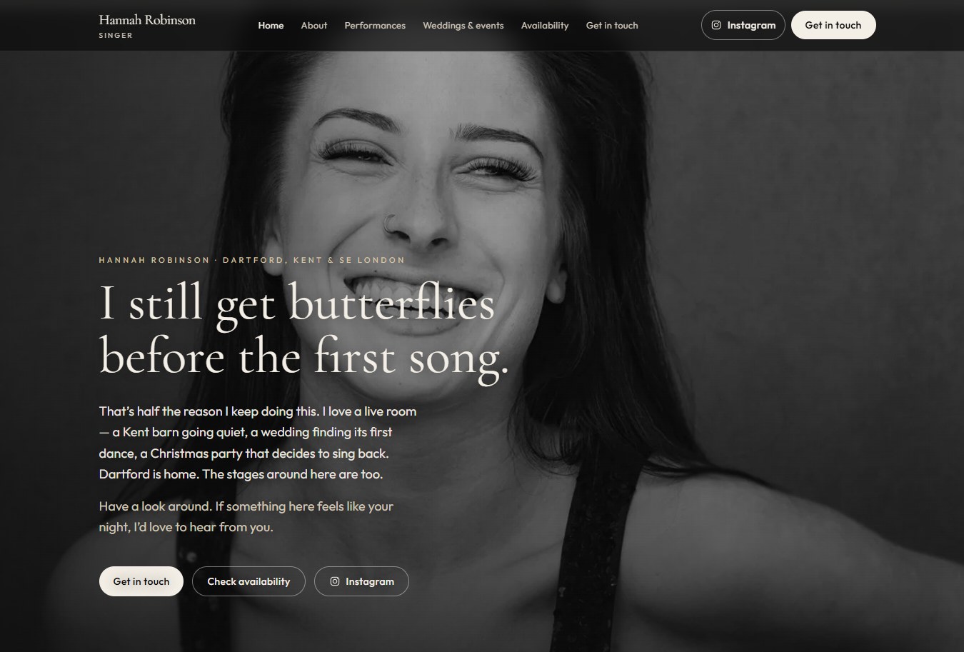 Hannah Robinson's website homepage, designed and built by Halfpenny Digital: a black and white portrait of Hannah smiling with the headline I still get butterflies before the first song.